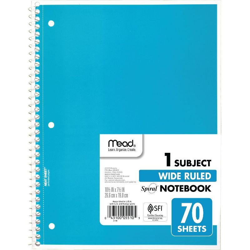 Mead Spiral 1 Subject Notebook, Wide Ruled, 70 Sheets Per Book, Pack of 6, 4 of 8
