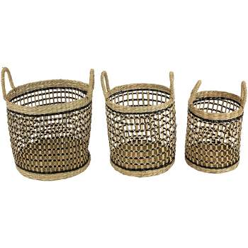 Northlight Set of 3 Open Honeycomb Weave Seagrass Storage Baskets with Handles 11.75"