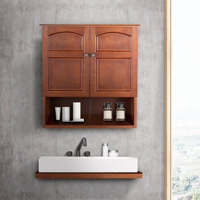 Mahogany Brown Wooden Wall Cabinet with Adjustable Shelving