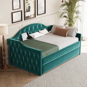 Kumasinova Twin Size Tufted Upholstered Daybed with Trundle,Velvet Sofa Bed Frame with USB&Type-C Charging Ports for Adults,No Box Spring Needed - 1 of 4