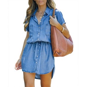 Imily Bela Flattering Tie Waist Denim Shirt Dress Summer Short Sleeve Casual Jean Dress for Women - 1 of 4