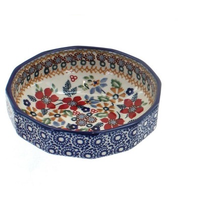 Blue Rose Polish Pottery Red Daisy Small Angular Bowl