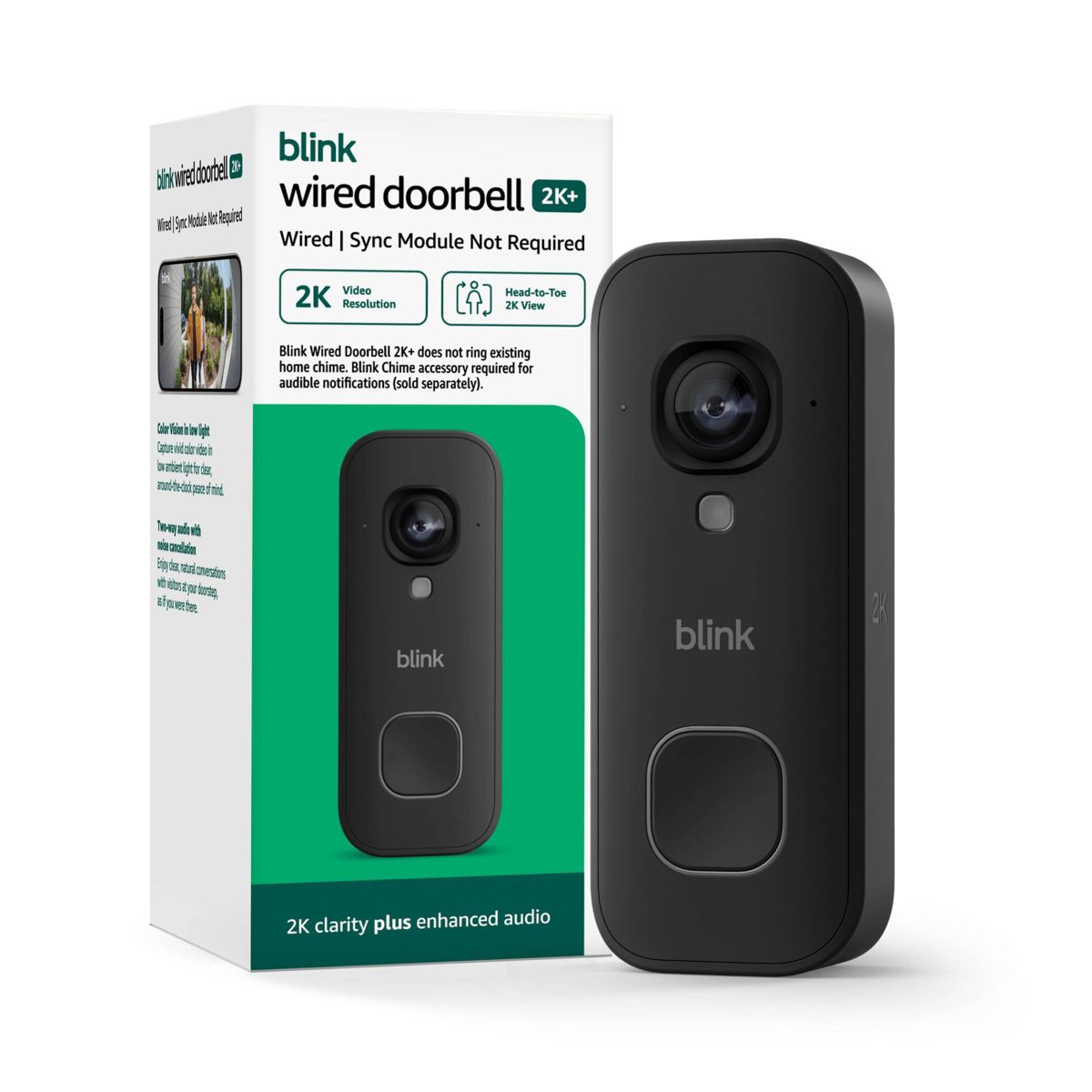 Blink Wired Doorbell 2K+ (Black). Head to Toe 2K video doorbell, Continuous hardwired power