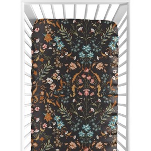 Sweet Jojo Designs Girl Baby Fitted Crib Sheet Boho Floral Wildflower Black Orange and Blue - 1 of 4