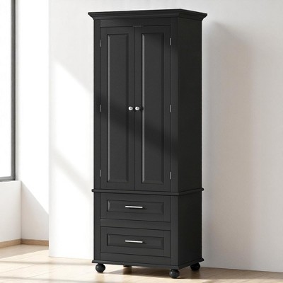 Tall Storage Cabinet with Adjustable Shelves and Drawers, MDF Freestanding Organizer with Double Doors for Bathroom, Office, or Kitchen