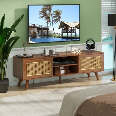 59" Mid Century Modern Rattan TV Stand with Power Outlets and Sliding Doors for 70 Inch TV,Living Room,Bedroom-Baofuwish