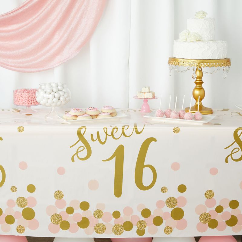 Blue Panda 3-Pack Sweet 16 Birthday Party Supplies, Tablecloths for Girls 16th Birthday Table Decorations, Pink and Gold Party Supplies, 54x108 in, 3 of 7