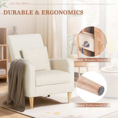 Beige Upholstered Accent Chair with Pillow and Wood Legs