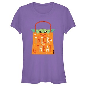 Juniors Womens Star Wars The Mandalorian Halloween Grogu Trick or Treat Bag T-Shirt - 1 of 4