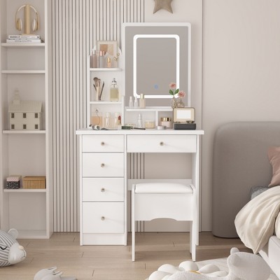 FUFU&GAGA Makeup Vanity Set with Mirror and Stool Drawer and Shelf