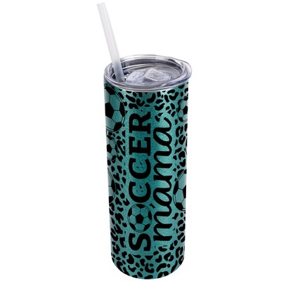Elanze Designs Leopard Print Turquoise Blue 20 Ounce Double Wall Stainless Steel Glitter Travel Tumbler With Sliding Lid And Straw, Soccer Mom