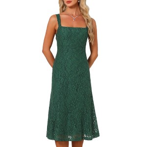 INSPIRE CHIC Women's Lace Prom Straps Square Neck Sleeveless Formal Evening Cocktail Midi Dresses Large Dark Green