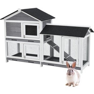 58'' Bunny Hutch Indoor with 3 Leak-Proof Trays, Wooden Waterproof Roof Rabbit Hutch Indoor/Outdoor, 2-Tier Bunny House/Chicken Coop, Gray and Black - 1 of 4