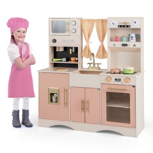 Kids Play Kitchen Pretend Playset w/ 2 Curtains & 16 Pcs Play Accessories Pink/White - 1 of 4