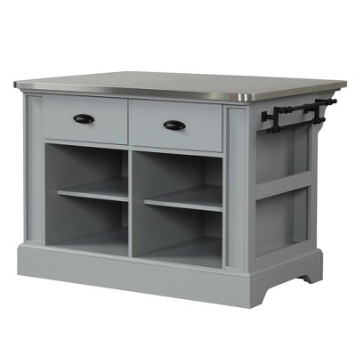 Gray Pine and Stainless Steel Kitchen Island with Storage