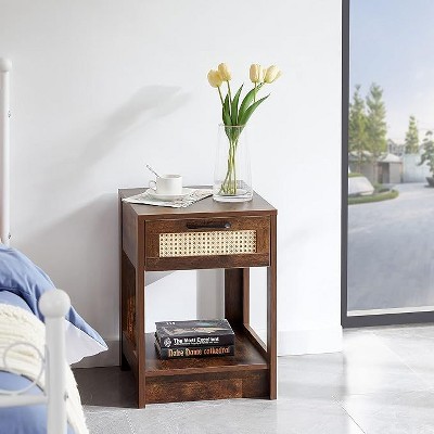 Rustic Rattan Nightstand with Drawers, Wooden Bedside Table for Farmhouse or Modern Bedrooms