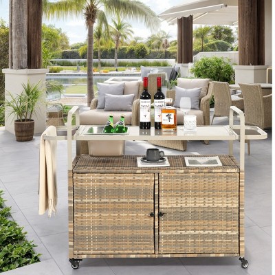 Wicker Outdoor Bar Serving Cart,Wicker Bar Cart With Cabinet,Lockable Wheels,Steel Frame Rolling Cart For Garden Backyard-Coolbibila