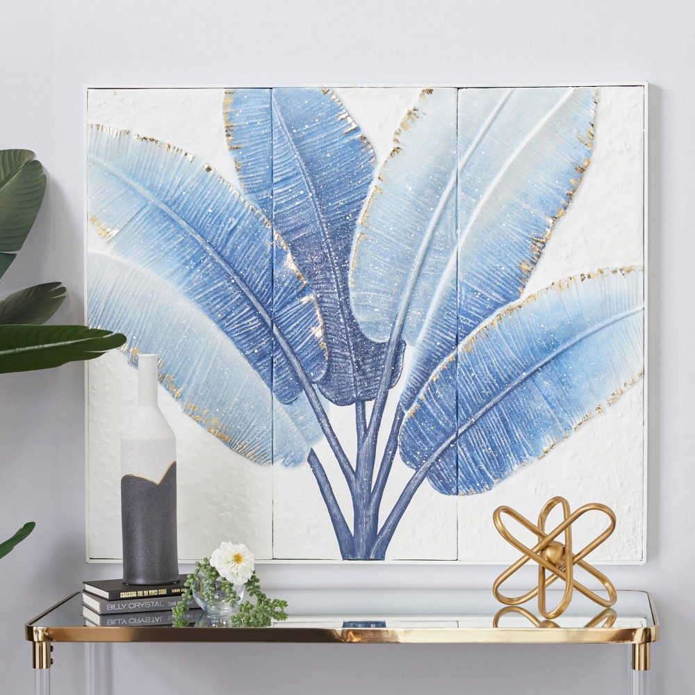 Photos - Wallpaper Metal Leaf Handmade Palm Wall Decor with White Backing Blue - Olivia & May