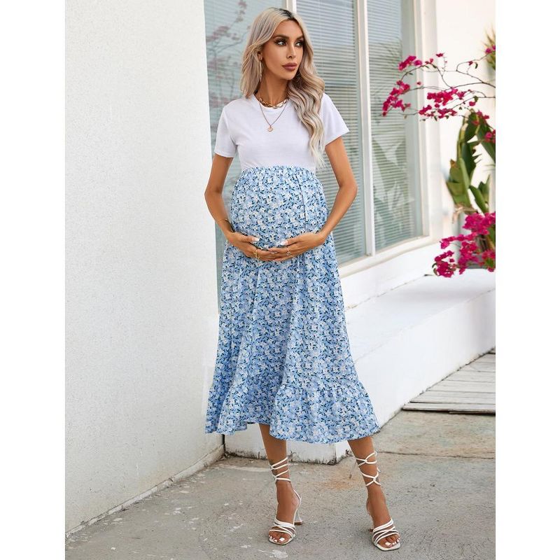 Maternity Maxi Skirt Womens High Waisted Boho Summer Casual Flowy Ruffle Suspender Long Pregnancy Skirt Overall Dress, 2 of 8