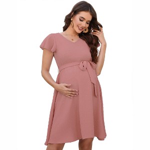 Maternity V Neck Swiss Dot Dress Summer Casual Short Sleeve Flowy Midi Dress Belt Photoshoot Baby Shower - 1 of 4