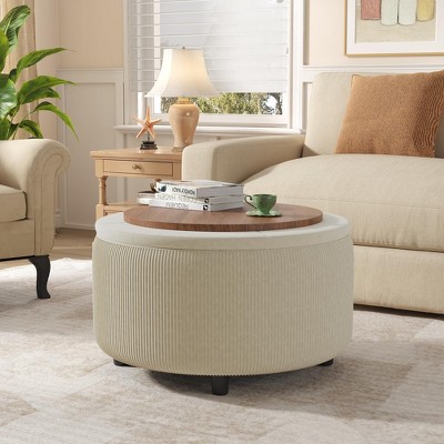 30" Round Ottoman Coffee Table with Removable Wood Top & Hidden Storage, Upholstered Foot Stool, Beige