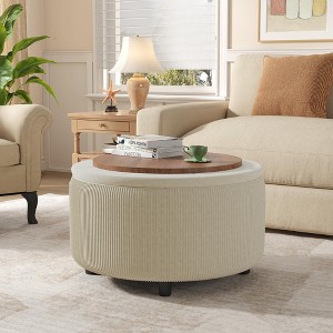 30" Round Ottoman Coffee Table with Removable Wood Top & Hidden Storage, Upholstered Foot Stool, Beige - 1 of 4