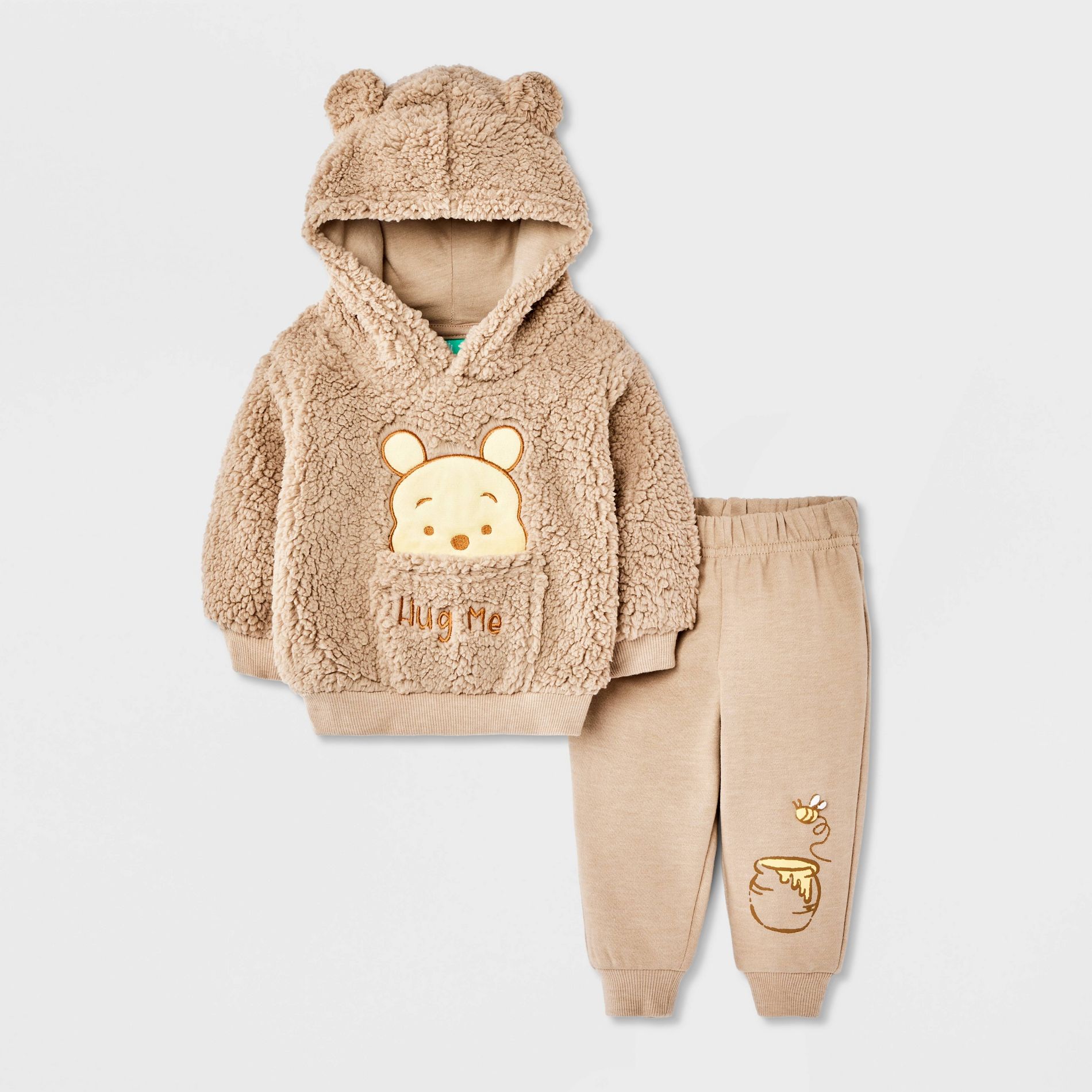 Baby Boys' 2pc Disney Winnie The Pooh Cozy Fleece Hooded Sweatshirt and Pants Set - Tan
