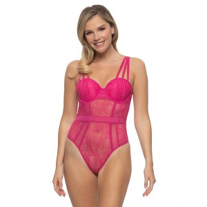 Jezebel - Anika Lace Bodysuit - Sheer Lace Lingerie with Thong - Fuchsia - 1 of 2