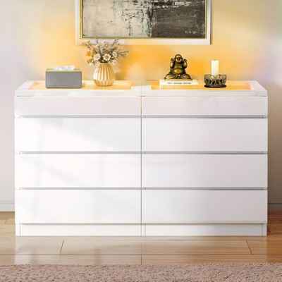 Modern 8 Drawer Dresser White Black Dresser with Deep Drawers Glass Top High Gloss Surface Storage Organizer Cabinet for Living Room