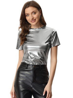 Allegra K Women's Party Metallic Textured Short Sleeve Shiny T-shirts ...