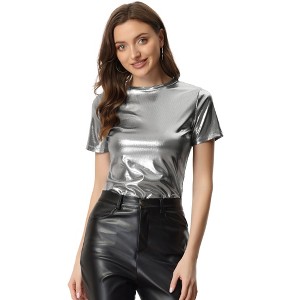 INSPIRE CHIC Women's Clubwear Short Sleeve Shiny Metallic Blouse - 1 of 4