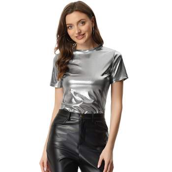 Allegra K Women's Party Metallic Short Sleeve Textured Shiny T-shirts