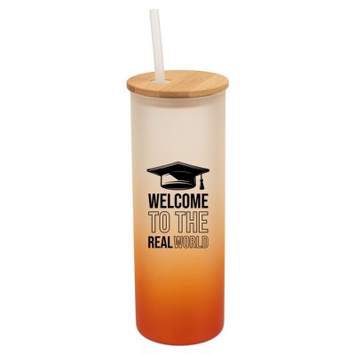 Elanze Designs Welcome Real World Grad Cap Graduation Wrap-Around Design 25 Ounce Frosted Gradient Glass On-The-Go Coffee Travel Skinny Tumbler Mug