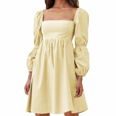 EXLURA Womens Square Neck Dress Long Puff Sleeve A-Line Casual Short Mini Dresses