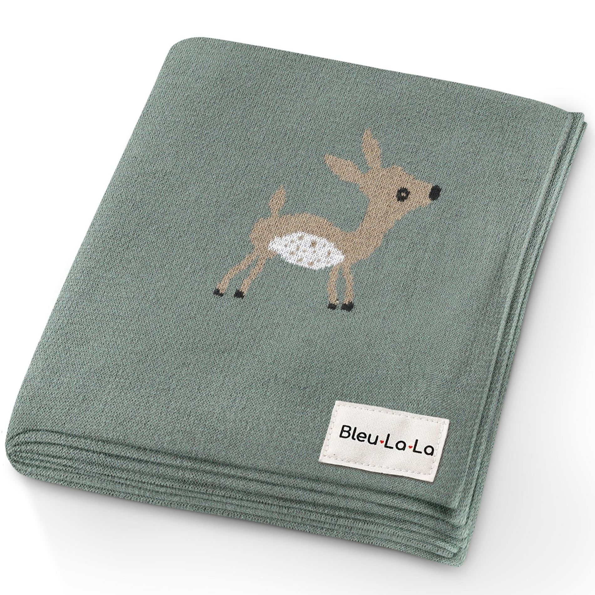 Bleu La La 100% Luxury Cotton Knit Swaddle Receiving Blanket for Blanket for Newborn and Infant Boys and Girls - Deer - Sage
