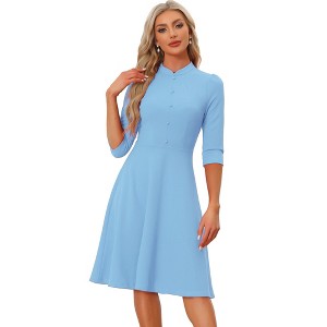 INSPIRE CHIC Women's Vintage 3/4 Sleeves Stand Collar Office Work Elegant A-Line Dress - 1 of 4