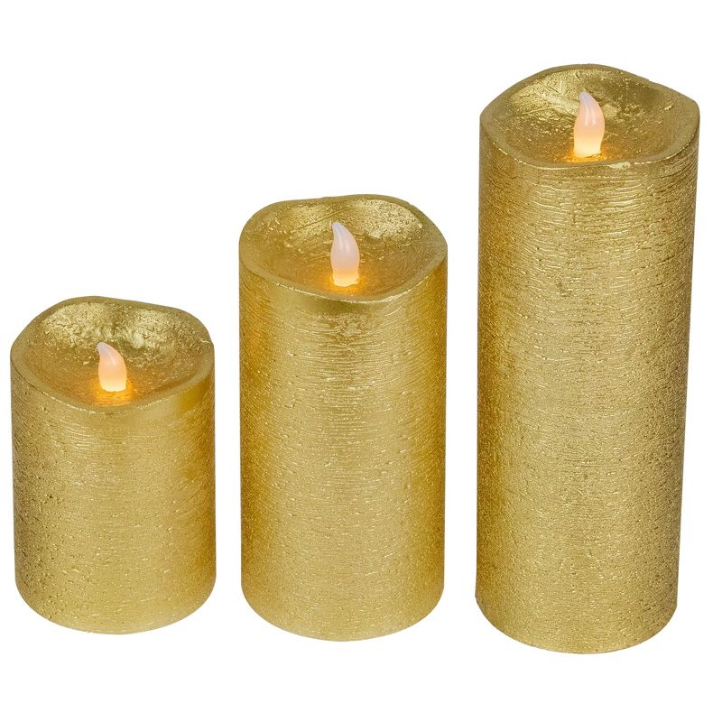 Northlight Set of 3 Brushed Golden LED Flameless Christmas Pillar Candles 8", 4 of 7