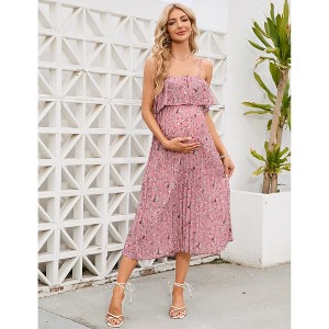 Clearlove Womens Spaghetti Strap Maxi Dress Ruffle High Waist Backless Floral Boho Pleated Beach Dress for Photoshoot - 1 of 4