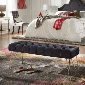 Hewett Velvet Tufted Metal Bench - Inspire Q - 1 of 4