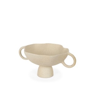 HomeRoots 11" Beige Cast Aluminum Round Pedestal Centerpiece Bowl With Handles - 1 of 4