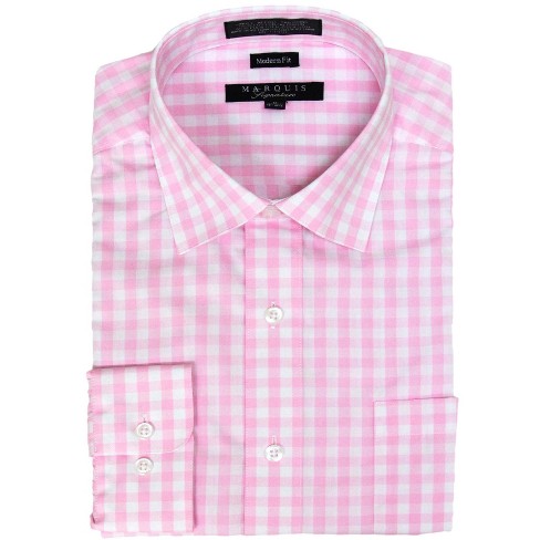 Marquis Men's Pink Gingham Checkered Long Sleeve Modern Fit Shirt, Size - X  Large