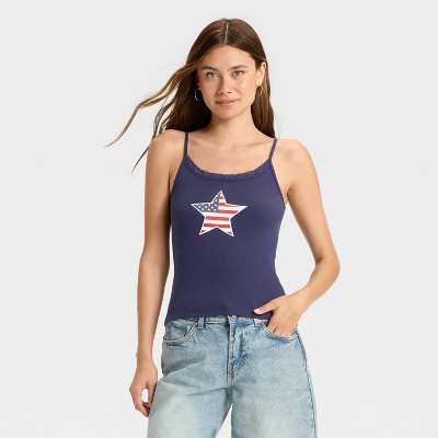 Women's Star Flag Graphic Tank Top with Lace Trim - Navy Blue