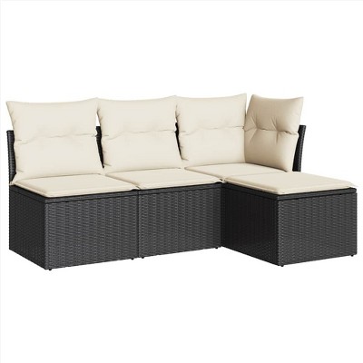 vidaXL 4 Piece Patio Sofa Set with Cushions Black and Cream Poly Rattan - Without Table