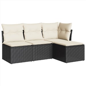 vidaXL 4 Piece Patio Sofa Set with Cushions Black and Cream Poly Rattan - Without Table - 1 of 4
