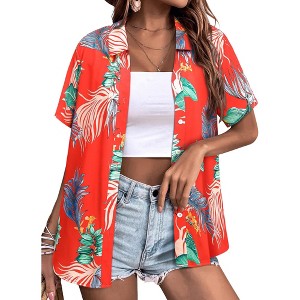 Nlife Womens Button Down Hawaiian Shirts Short Sleeve Floral Print Summer V Neck T-Shirt Casual Summer Beach Blouses Tops - 1 of 4