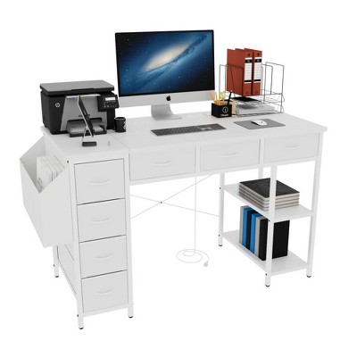 Vynxaria Multi-Functional Workbench with Hidden Power Outlet (2 Outlets, USB, Type-C) 7 Fabric Drawers, computer desk