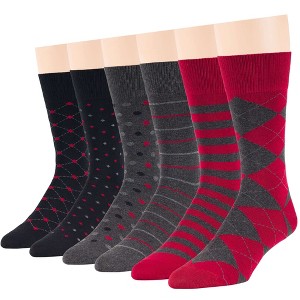 Men Cotton Patterned Dress Sock - 6 Pack - Argyle, Stripe, Dot - Shoe Size 9-12 L - Black, Brown, Navy, Blue | 7BIGSTARS KINGDOM - 1 of 1