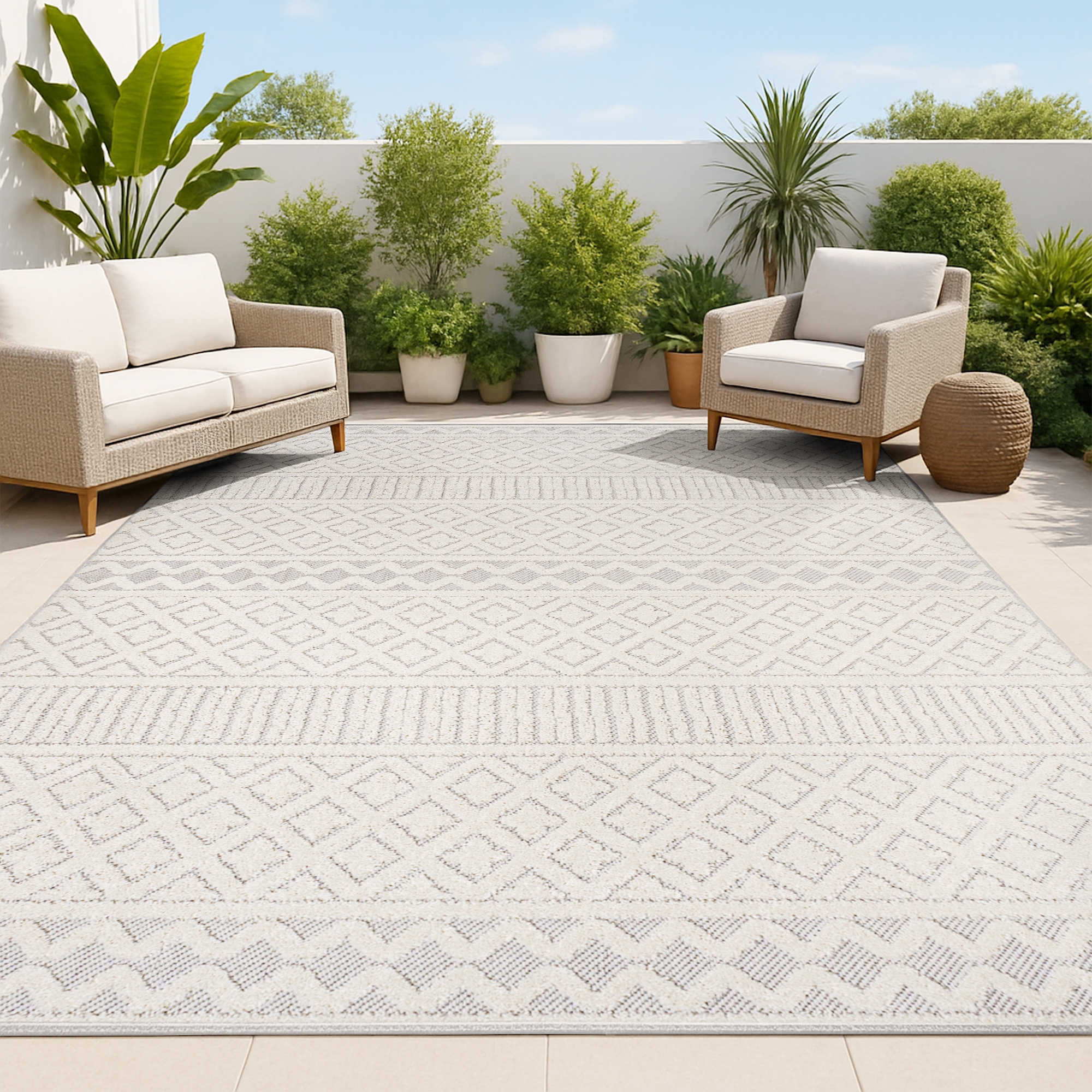 JONATHAN Y Ormond High-Low Modern Trellis Geometric Cream/Gray 5 ft. x 8 ft. Indoor/Outdoor Area Rug, Non-Shedding, Easy-Clean