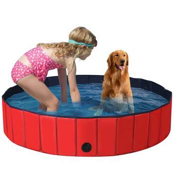 Costway 63'' Foldable Dog Pet Pool Kiddie Bathing Tub Indoor Outdoor Leakproof Portable Blue\Red