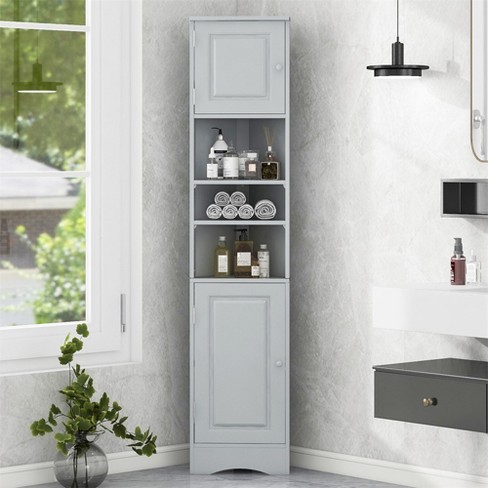 67 Tall Bathroom Corner Cabinet Freestanding Floor Cabinet With Adjustable Shelves Narrow Cabinet Organizer For Bathroom Kitchen Living Room Grey Target